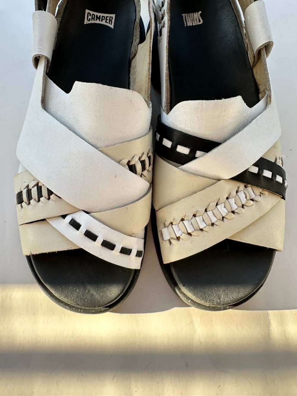 Camper Twins K200664-001 Women’s Leather Sandals White Black EU 40 US 10
